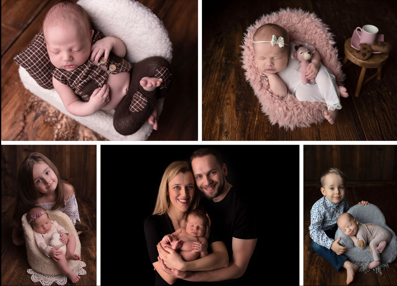 Kolaż z sesji noworodkowej: śpiące niemowlę w brązowym ubranku na białym puszystym podłożu, dziewczynka trzymająca niemowlę, para trzymająca niemowlę na czarnym tle, niemowlę z pluszowym misiem...