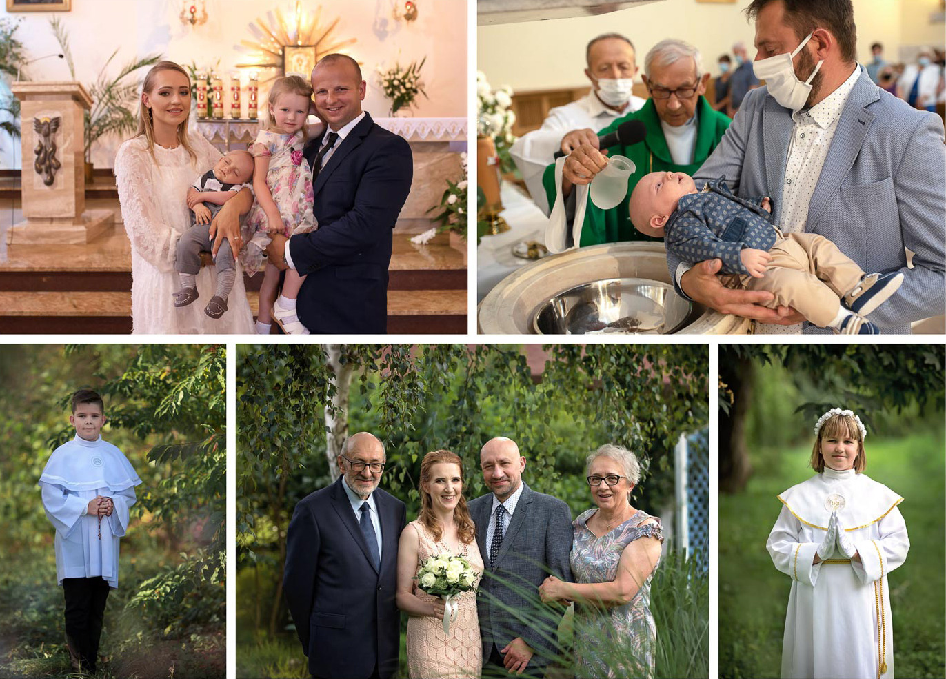 Kolaż zdjęć z uroczystości religijnych: rodzina z dziećmi w kościele, chrzest dziecka, chłopiec w stroju komunijnym, rodzina na tle zieleni, dziewczynka w stroju komunijnym.