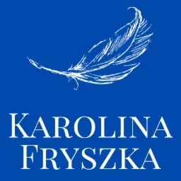 Logo firmy z białym piórem i napisem KAROLINA FRYSZKA na niebieskim tle.
