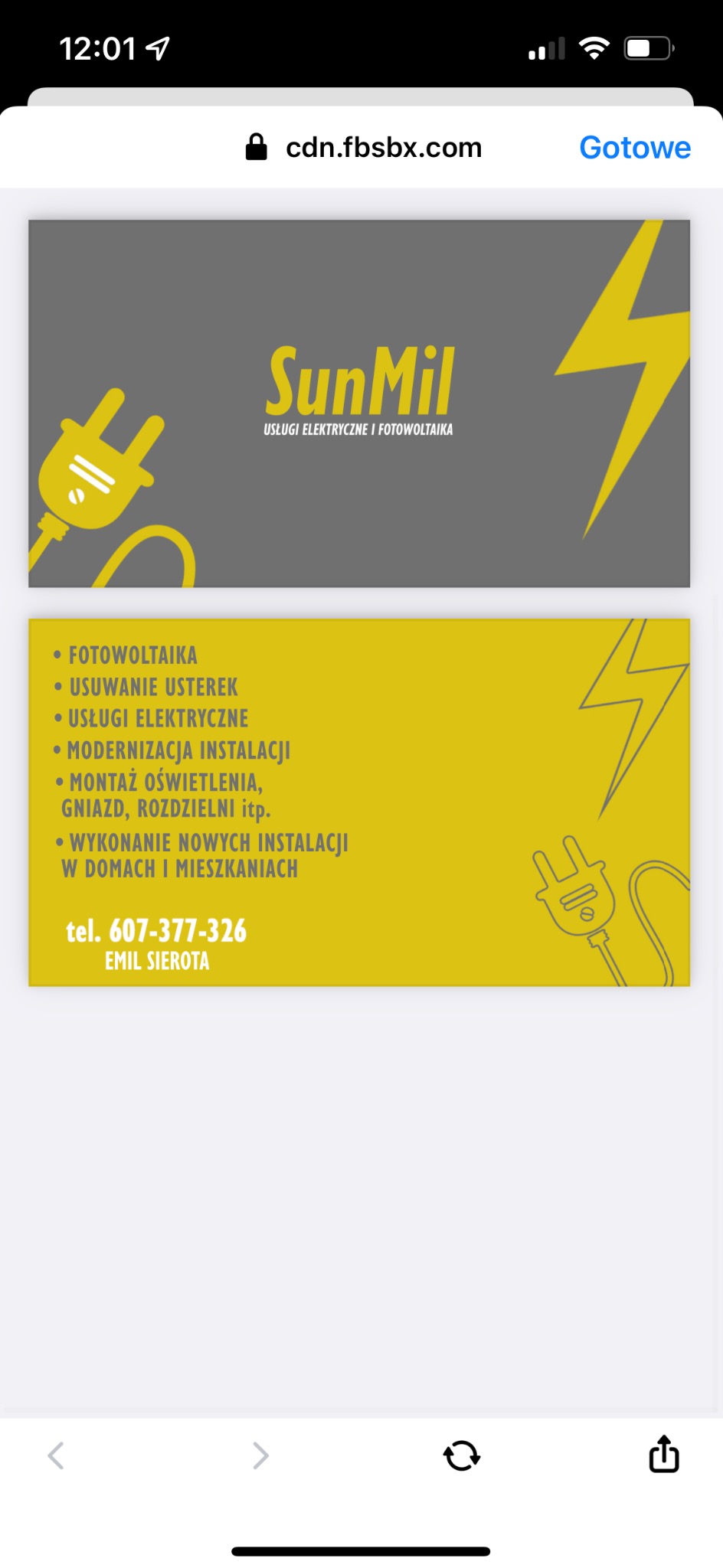 Wizytówka firmy SunMil oferującej usługi elektryczne i fotowoltaiczne, z żółtymi symbolami wtyczki i błyskawicy na szaro-żółtym tle, prezentująca zakres usług i dane kontaktowe Emila Sieroty.