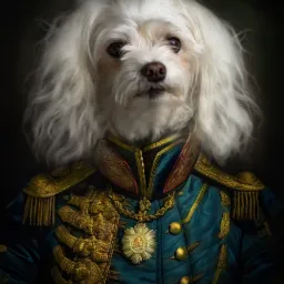 Portret psa rasy maltańczyk ubranego w bogato zdobiony, błękitny mundur wojskowy z elementami złota i medalionem, na ciemnym tle.