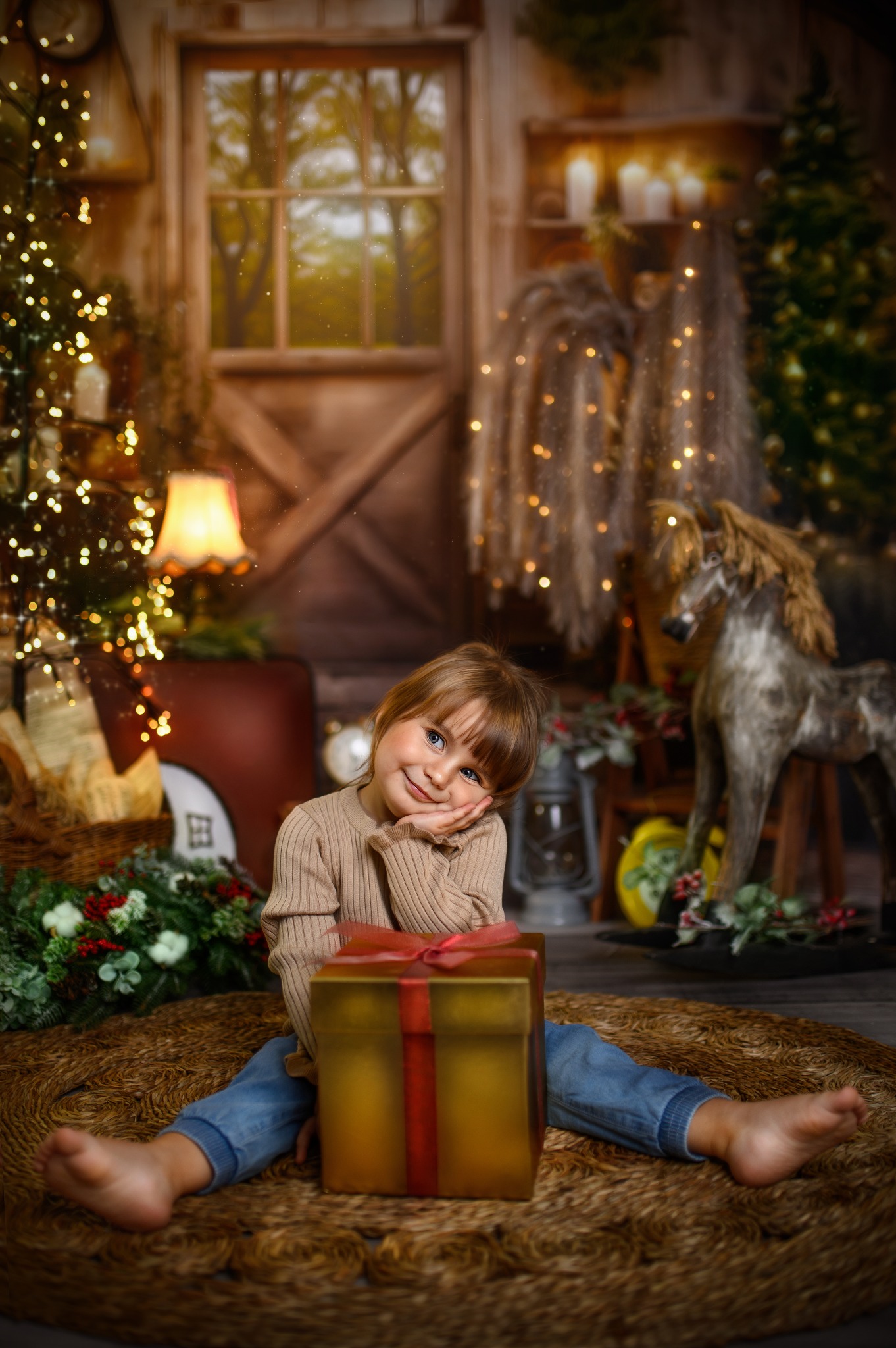 Uśmiechnięta dziewczynka opiera brodę na dłoni, siedząc na dywanie obok złotego prezentu z czerwoną wstążką w świątecznej scenerii z choinką, drewnianym koniem i oknem w tle.