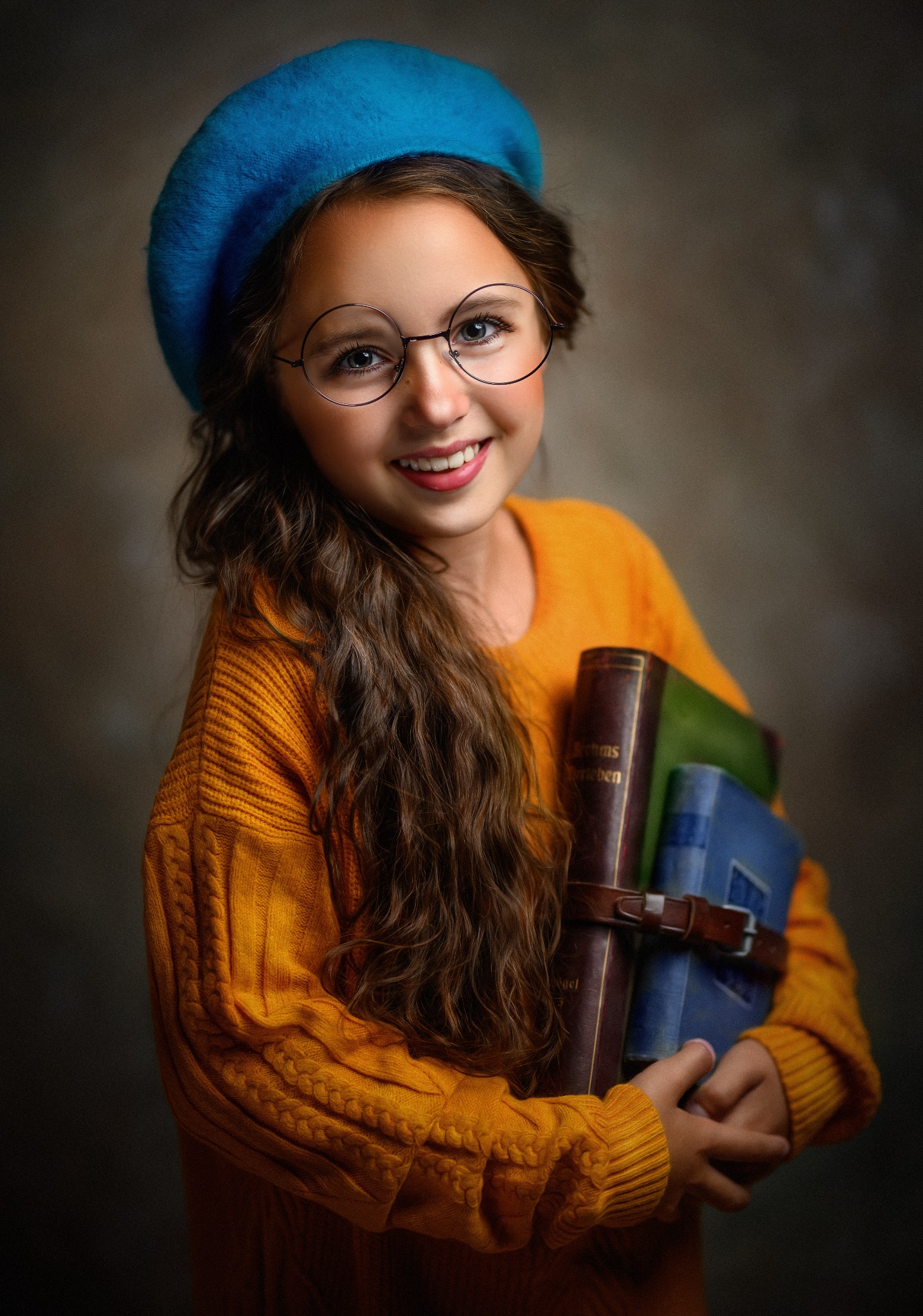 Portret uśmiechniętej dziewczynki w okularach i niebieskim berecie, trzymającej w rękach spięty skórzanym paskiem stos starych książek.