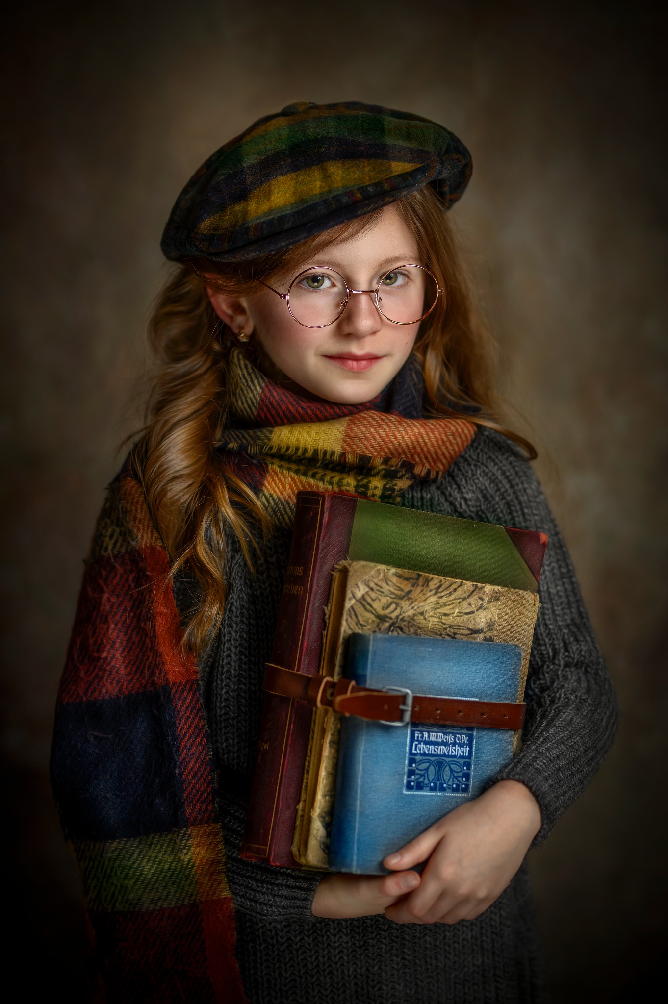 Portret dziewczynki w okularach i czapce trzymającej stos starych książek związanych skórzanym paskiem, w tle ciemne tło.