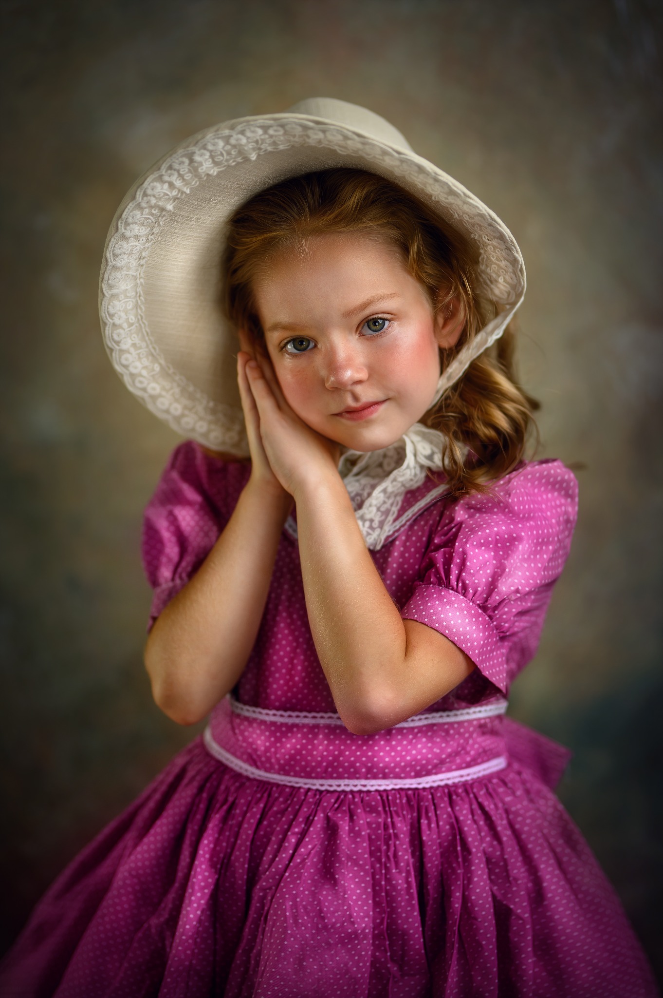 Portret dziewczynki w fioletowej sukience w groszki i białym kapeluszu z koronką, ręce złożone pod policzkiem, patrząca w obiektyw na rozmytym tle.