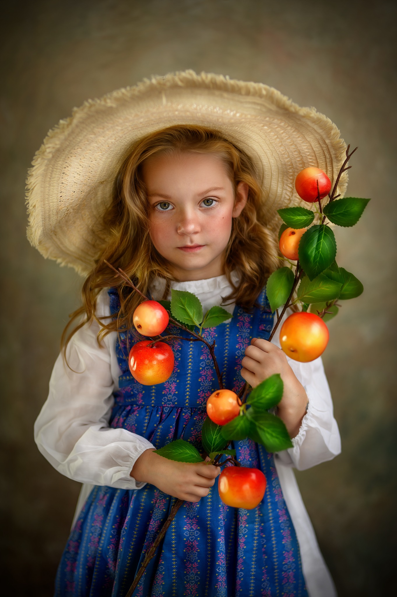 Portret dziewczynki w słomkowym kapeluszu i niebieskiej sukience trzymającej gałązkę z jabłkami na rozmytym tle.