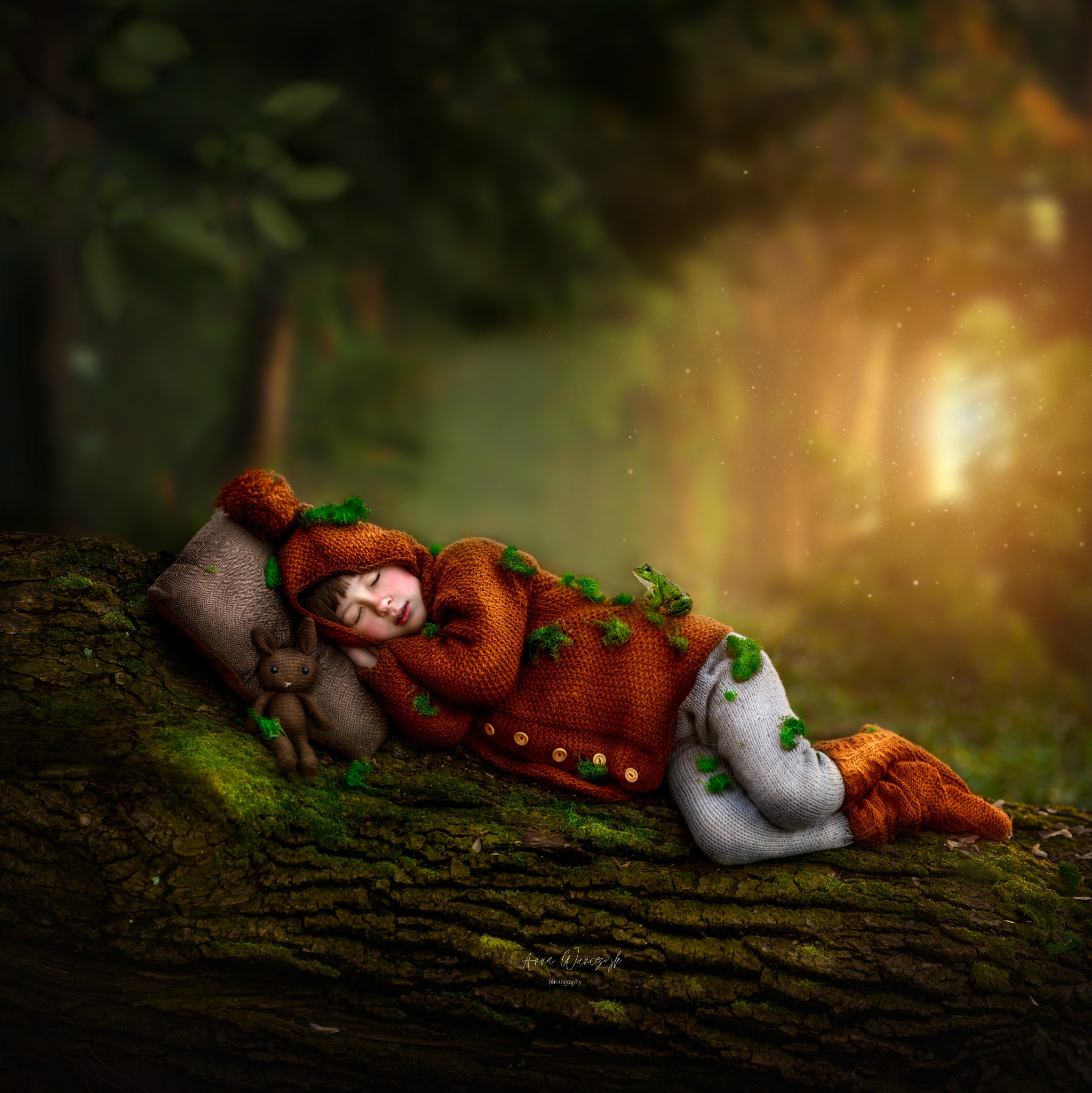 Śpiące dziecko w dzianinowym stroju leży na pniu drzewa z mchem, obok pluszowy królik i żaba, w tle rozmyte drzewa i promienie światła.