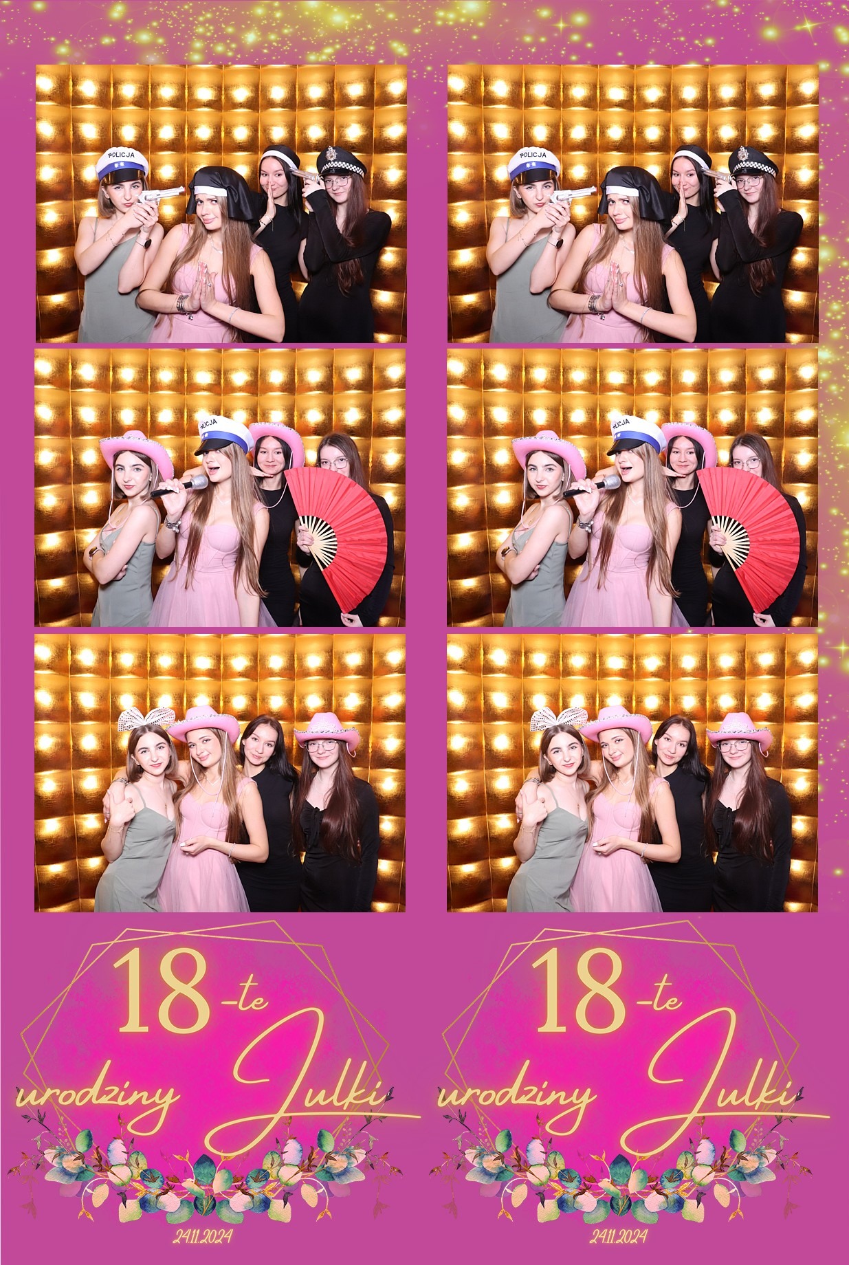 Pamiątkowe zdjęcia z fotobudki z okazji 18 urodzin Julki. Grupa dziewczyn w przebraniach, różowe tło z napisem urodzinowym i datą 24.11.2024.