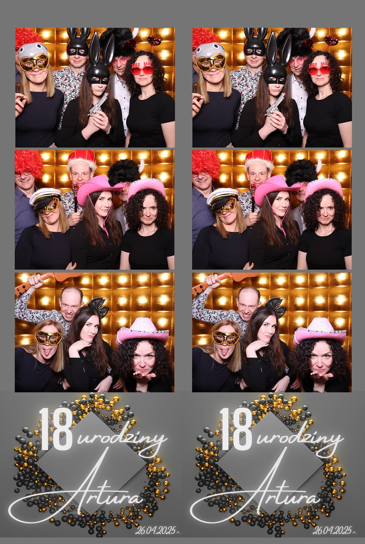 Kolaż zdjęć z fotobudki z osiemnastych urodzin Artura. Grupa osób w przebraniach i maskach pozuje na tle złotej ściany. Na dole grafika z datą 26.04.2025.