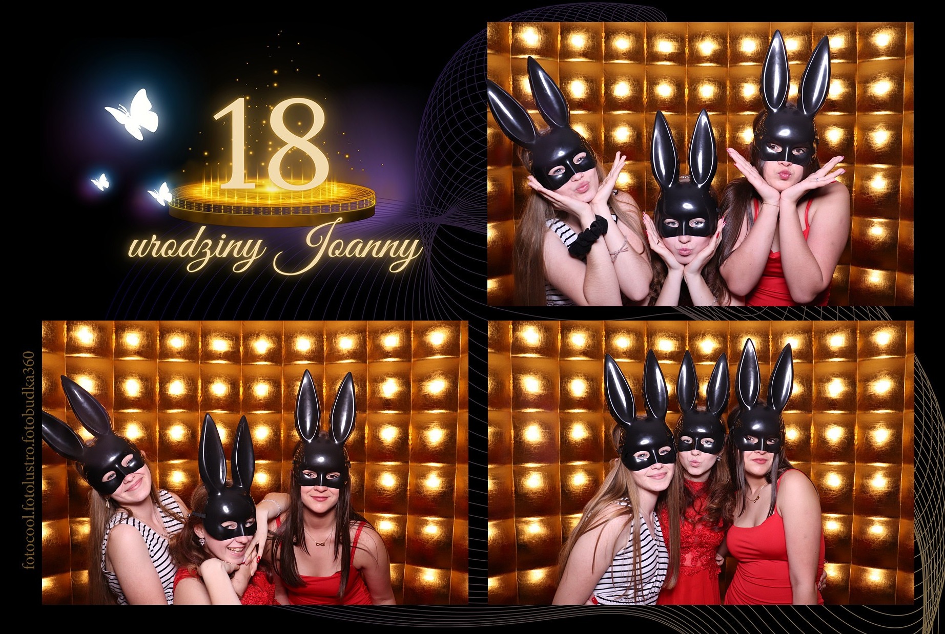Cztery kadry z fotobudki z motywem 18 urodzin Joanny. Osoby w maskach króliczków pozują na tle złotej ściany. Grafika z liczbą 18 i motylami.