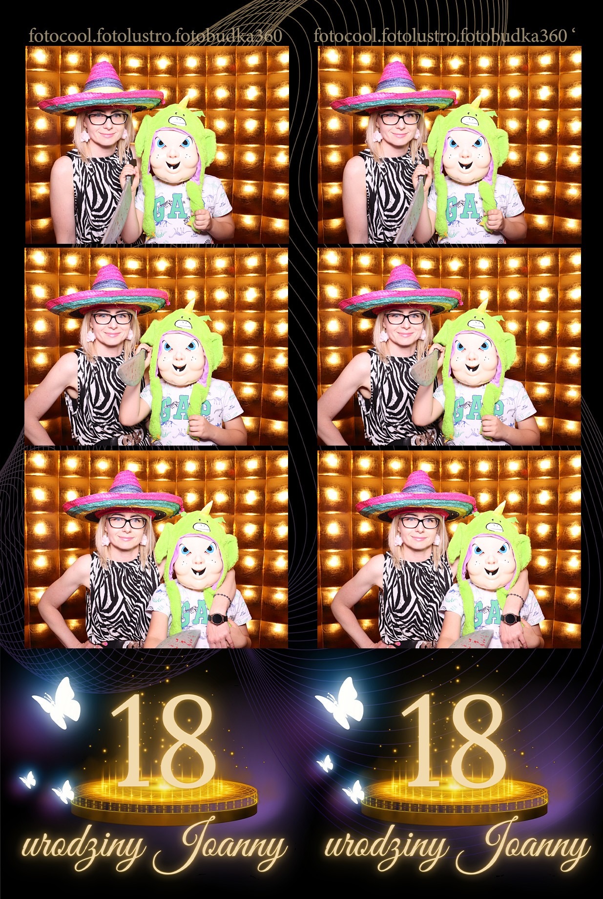 Kolaż zdjęć z fotobudki: kobieta w sombrero i dziecko w masce pozują na tle złotej ściany. Na dole grafika z motywem 18 urodzin i motylami.