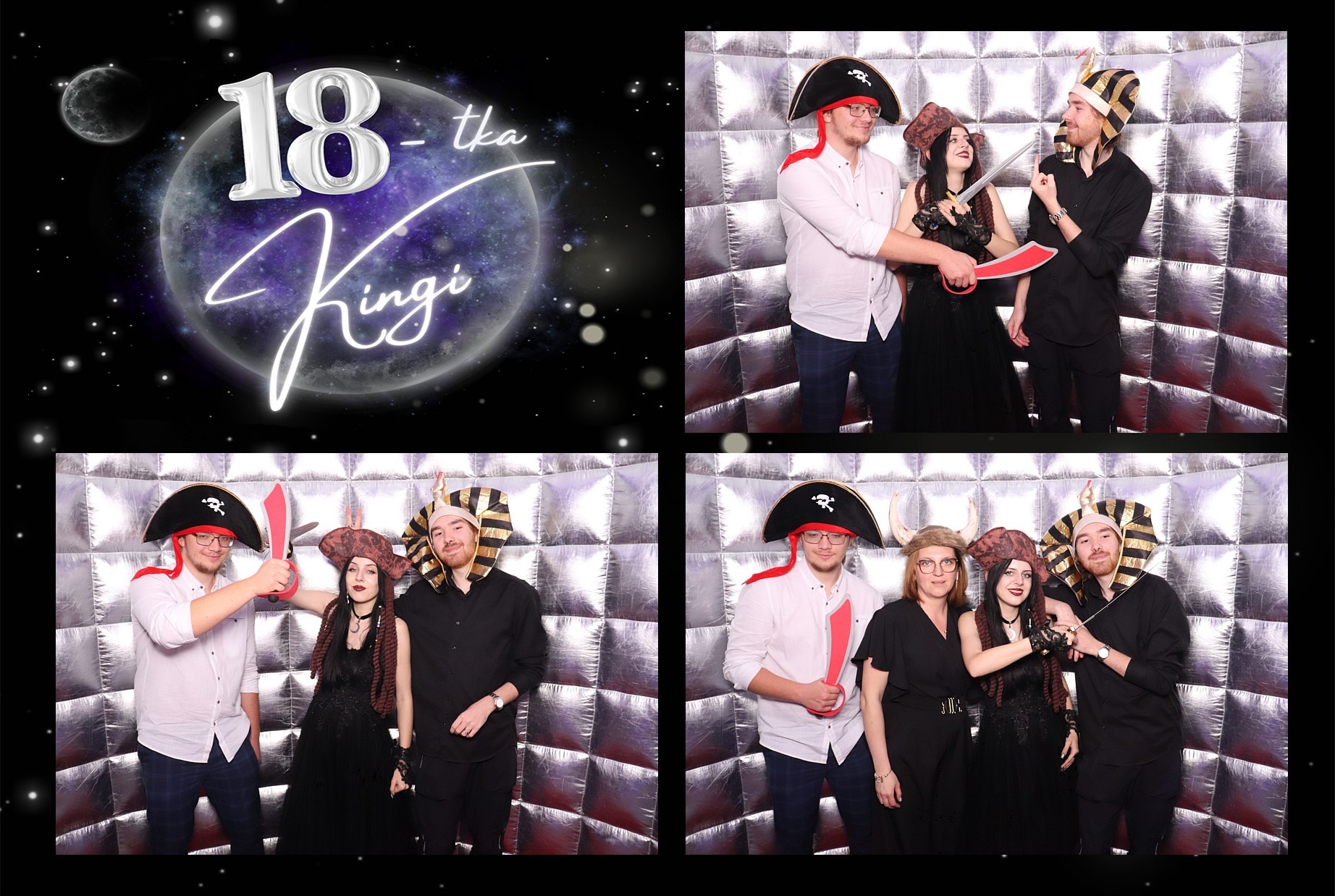 Sesja zdjęciowa w fotobudce na 18-tkę Kingi. Cztery kadry z przebraniami: pirat, egipcjanin, wiking. Srebrne tło, neonowy napis '18-tka Kingi'.