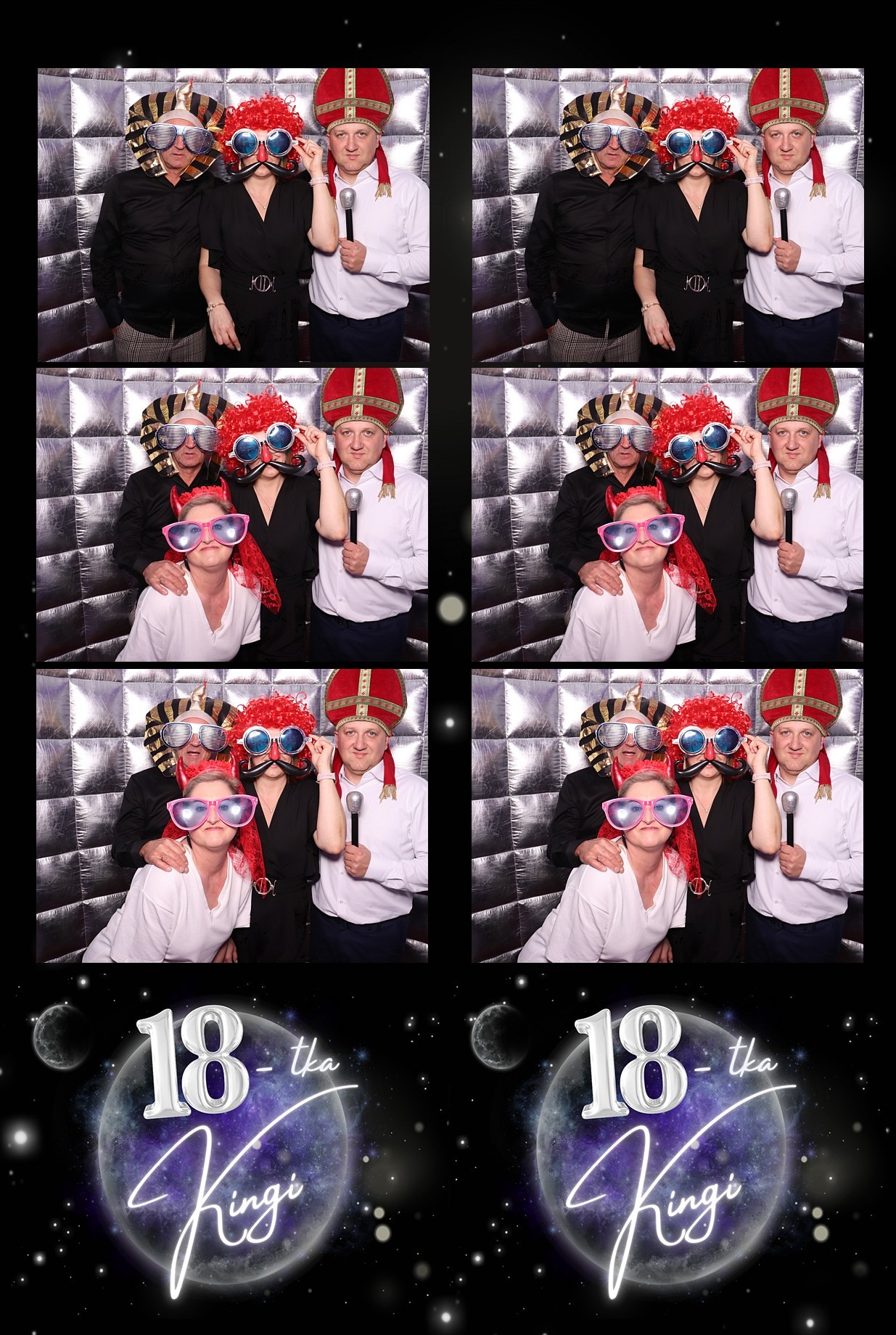 Cztery kadry z fotobudki z grupą osób w przebraniach na tle srebrnej ściany i kosmicznej grafiki z napisem '18-tka Kingi'.