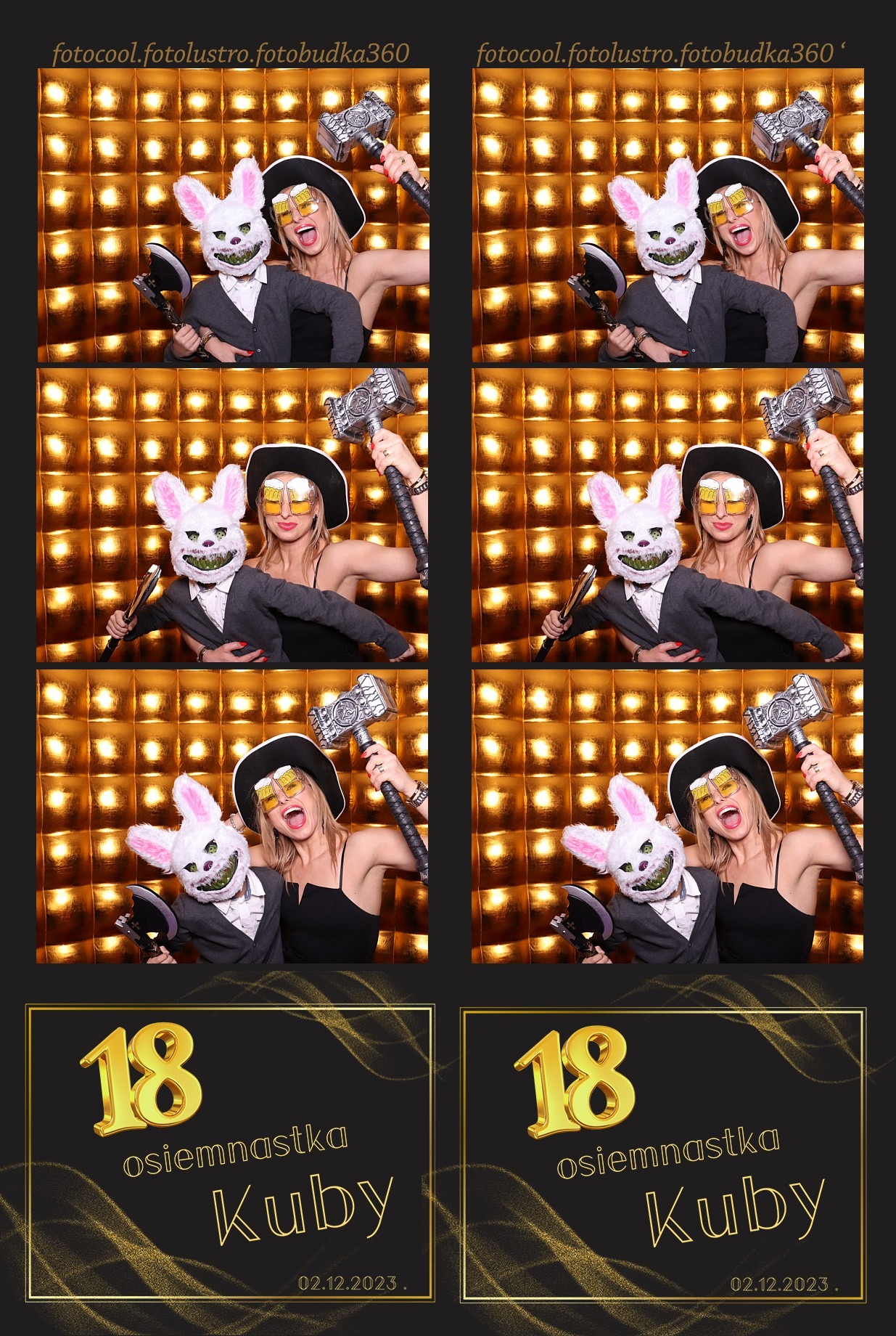 Sesja w fotobudce na 18-nastkę Kuby: dwie kobiety w przebraniach z rekwizytami na złotym tle. W dolnej części grafika z napisem '18-nastka Kuby'.