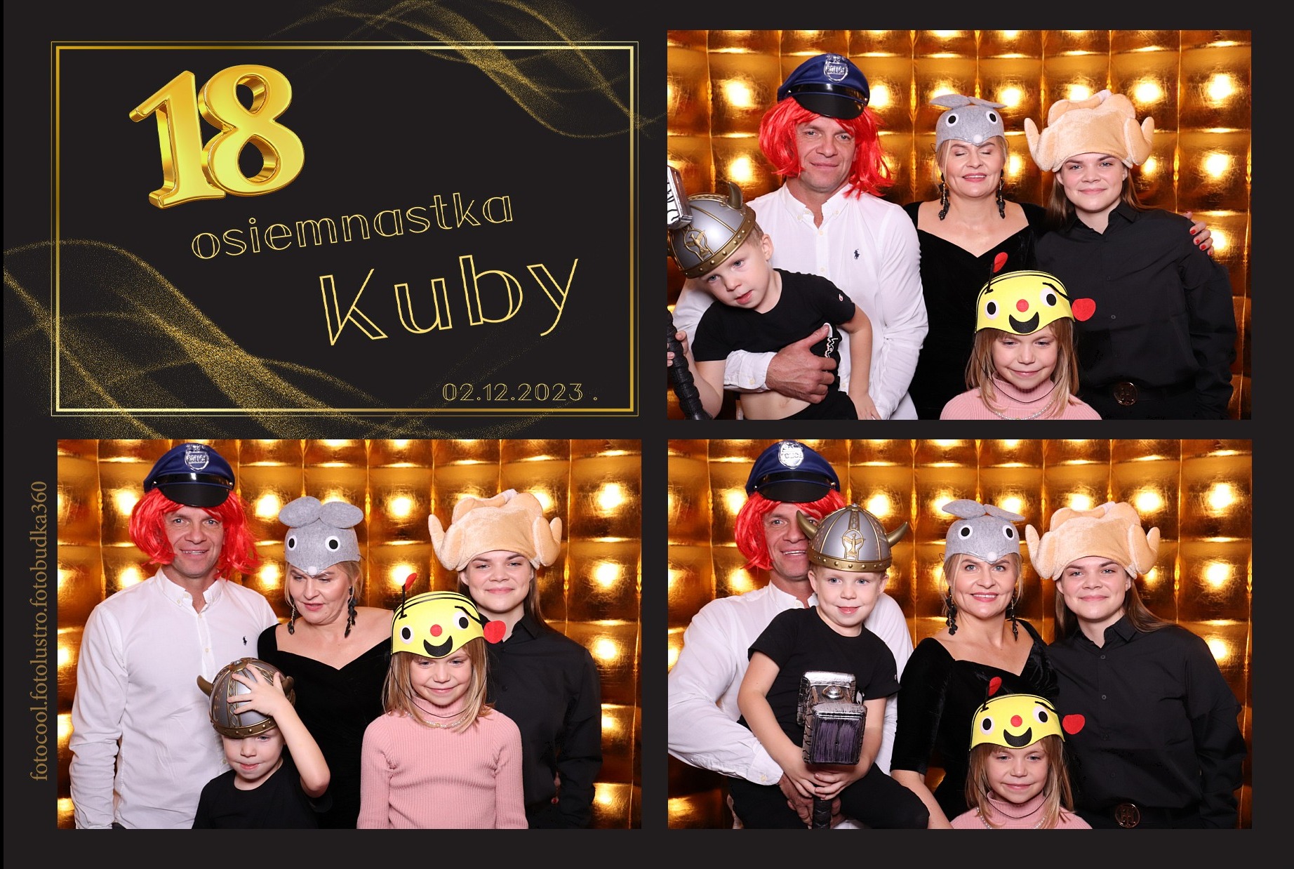 Pamiątkowe zdjęcia z fotobudki z urodzin osiemnastych Kuby, z dnia 02.12.2023. Rodzina w przebraniach pozuje na tle złotej ściany. Cztery kadry w jednym ujęciu.