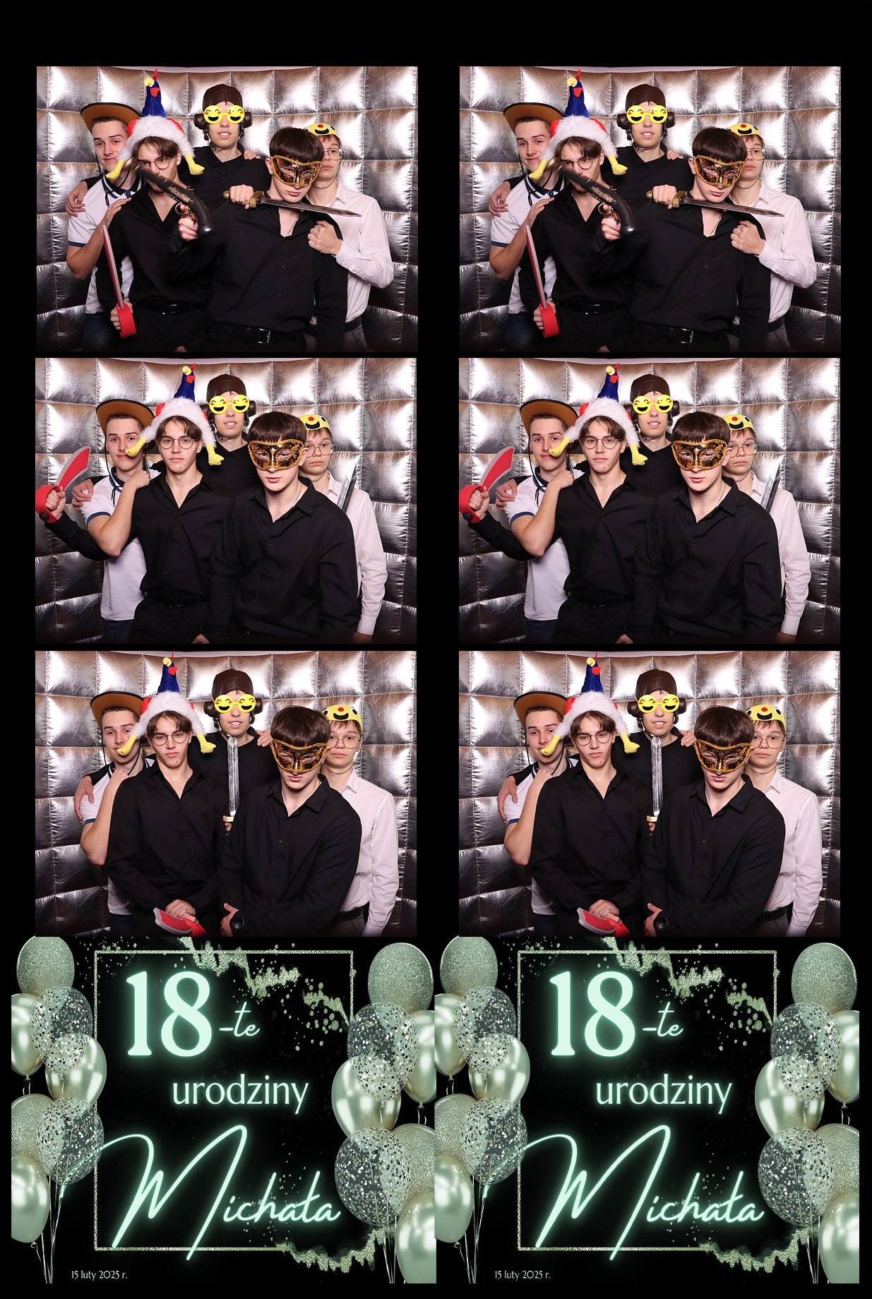 Cztery ujęcia z fotobudki: grupa młodych ludzi w przebraniach na tle srebrnej ściany. Na dole grafika z balonami i napisem '18-te urodziny Michała'.