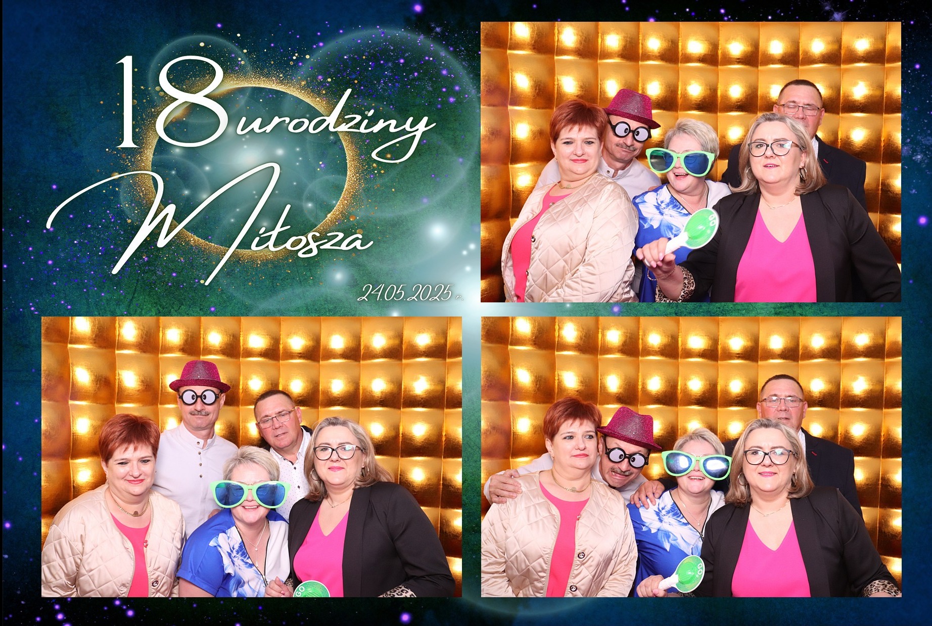 Cztery zdjęcia z fotobudki z grupą osób w przebraniach na tle złotej ścianki, z napisem '18 urodziny Miłosza' i datą 24.05.2025.