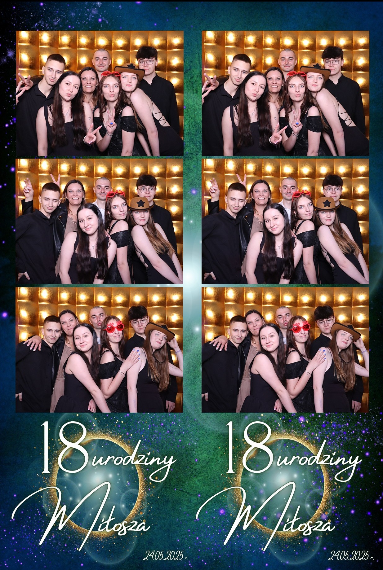 Pamiątkowe zdjęcia z fotobudki z osiemnastych urodzin. Grupa młodych ludzi pozuje na tle złotej ściany, na dole widoczny napis '18 urodziny Miłosza'.