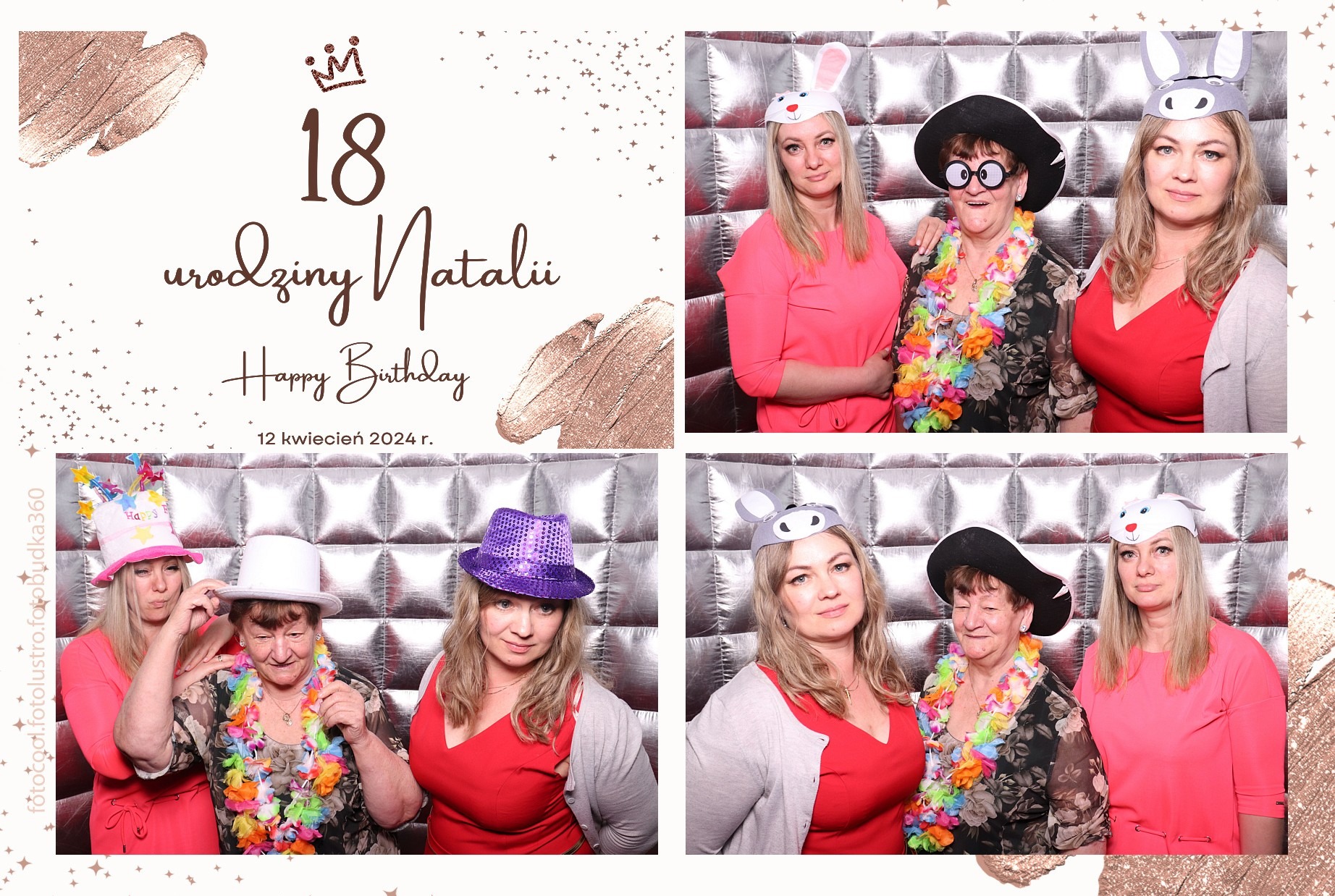 Kolaż zdjęć z fotobudki z urodzin Natalii: trzy kobiety w śmiesznych kapeluszach i okularach na tle srebrnej ściany z datą 12 kwietnia 2024 r.