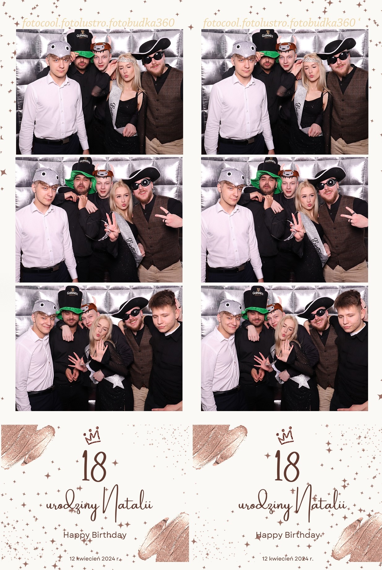 Pamiątkowe zdjęcia z fotobudki na 18 urodziny Natalii. Grupa uśmiechniętych osób w śmiesznych nakryciach głowy na tle srebrnej ścianki. Na dole grafika z napisem '18 urodziny Natalii'.