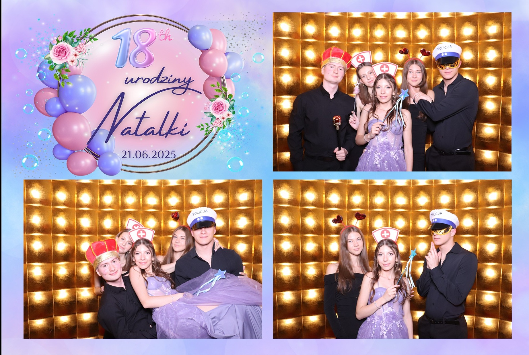 Sesja w fotobudce z rekwizytami: korona, czapka policjanta i różdżka na tle złotej ściany. Cztery ujęcia w kolażu. Pamiątka z imprezy w Płużnicy.