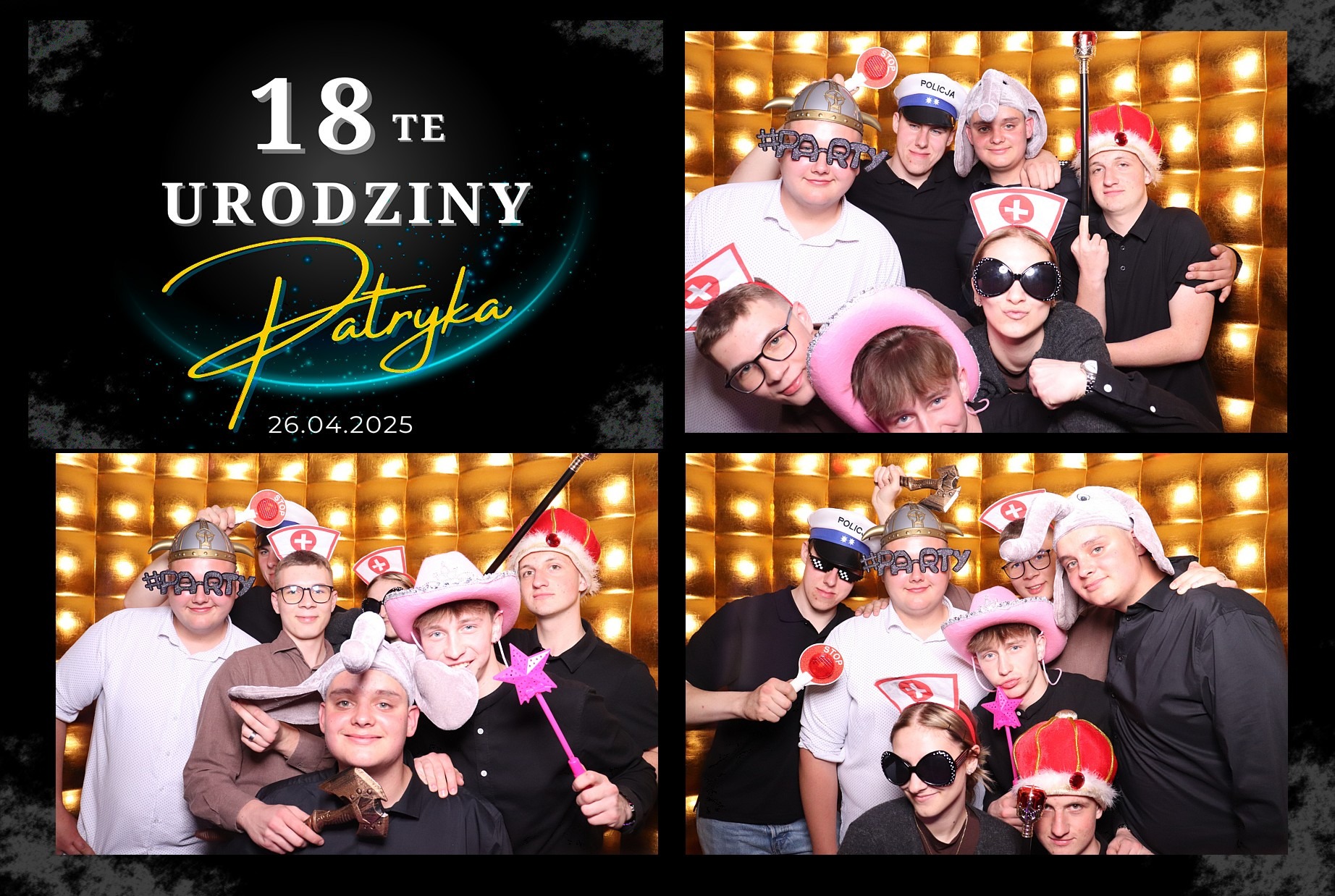 Cztery kadry z fotobudki z osiemnastych urodzin Patryka. Grupa młodych ludzi w śmiesznych przebraniach i rekwizytach na złotym tle.