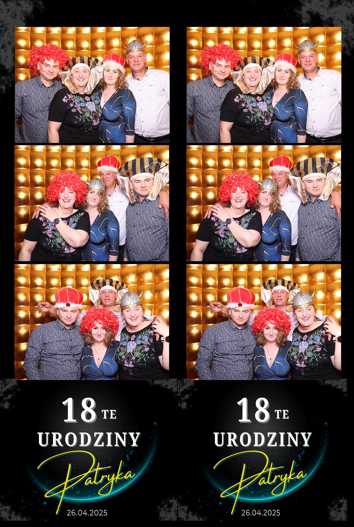 Wydruk z fotobudki z czterema ujęciami grupy osób w przebraniach na tle złotej ściany, z nadrukiem '18 urodziny Patryka' i datą 26.04.2025.