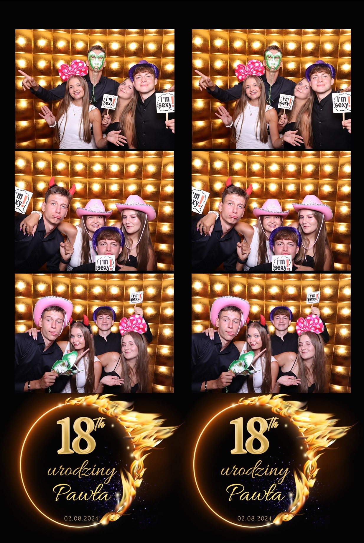 Sesja w fotobudce na 18. urodziny Pawła: kolaż czterech ujęć grupy młodych ludzi z rekwizytami na złotym tle, z datą i napisem '18 urodziny Pawła'.