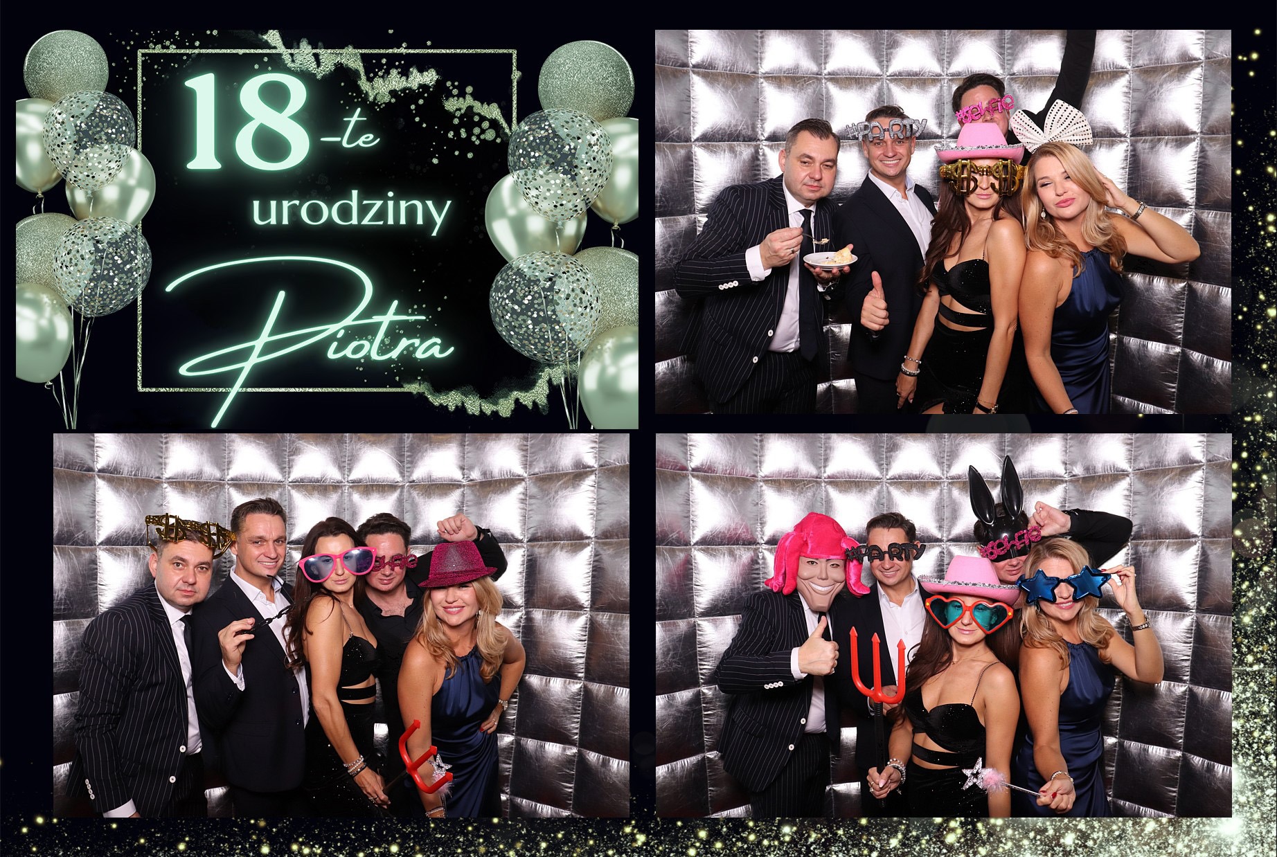 Cztery kadry z fotobudki: 18-te urodziny Piotra, balony, grupa osób w przebraniach i z rekwizytami na tle srebrnej ściany. Dekoracje urodzinowe, imprezowa atmosfera.
