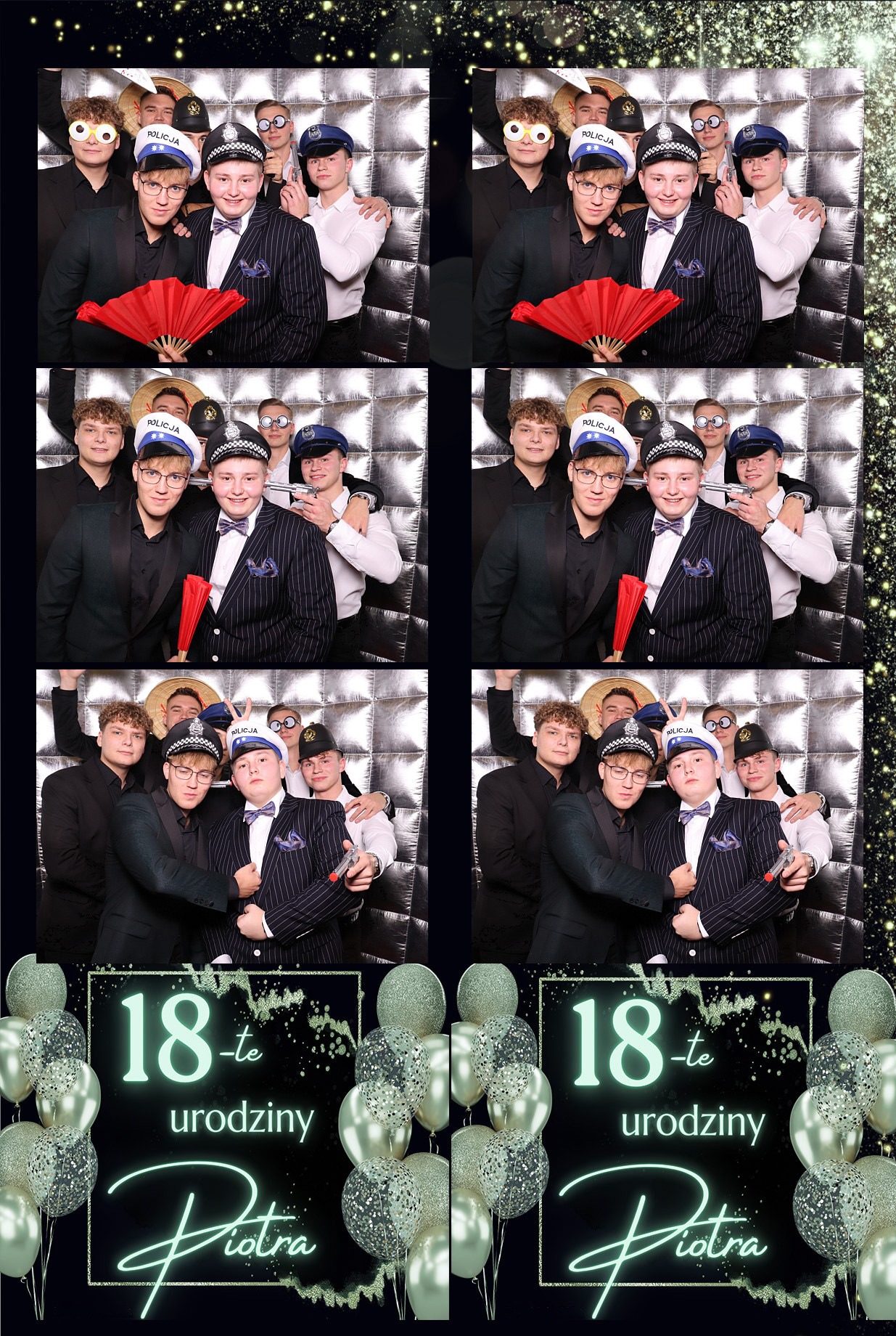 Cztery kadry z fotobudki: grupa młodych mężczyzn w przebraniach (kapelusze policyjne, boa, okulary) pozuje na tle błyszczącej ściany. Na dole grafika urodzinowa z balonami.