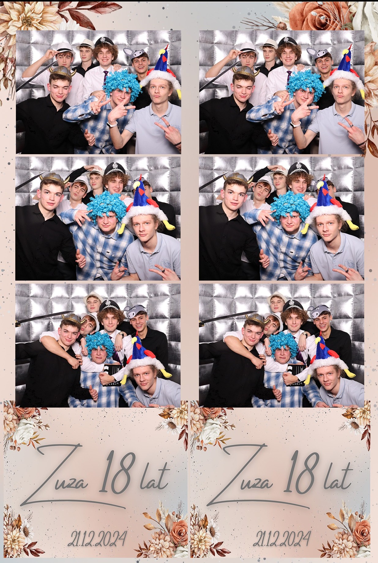 Cztery ujęcia grupy młodych osób w przebraniach, wykonane w fotobudce z okazji 18 urodzin Zuzy, z datą 21.12.2024 i dekoracyjnym tłem w kwiaty.