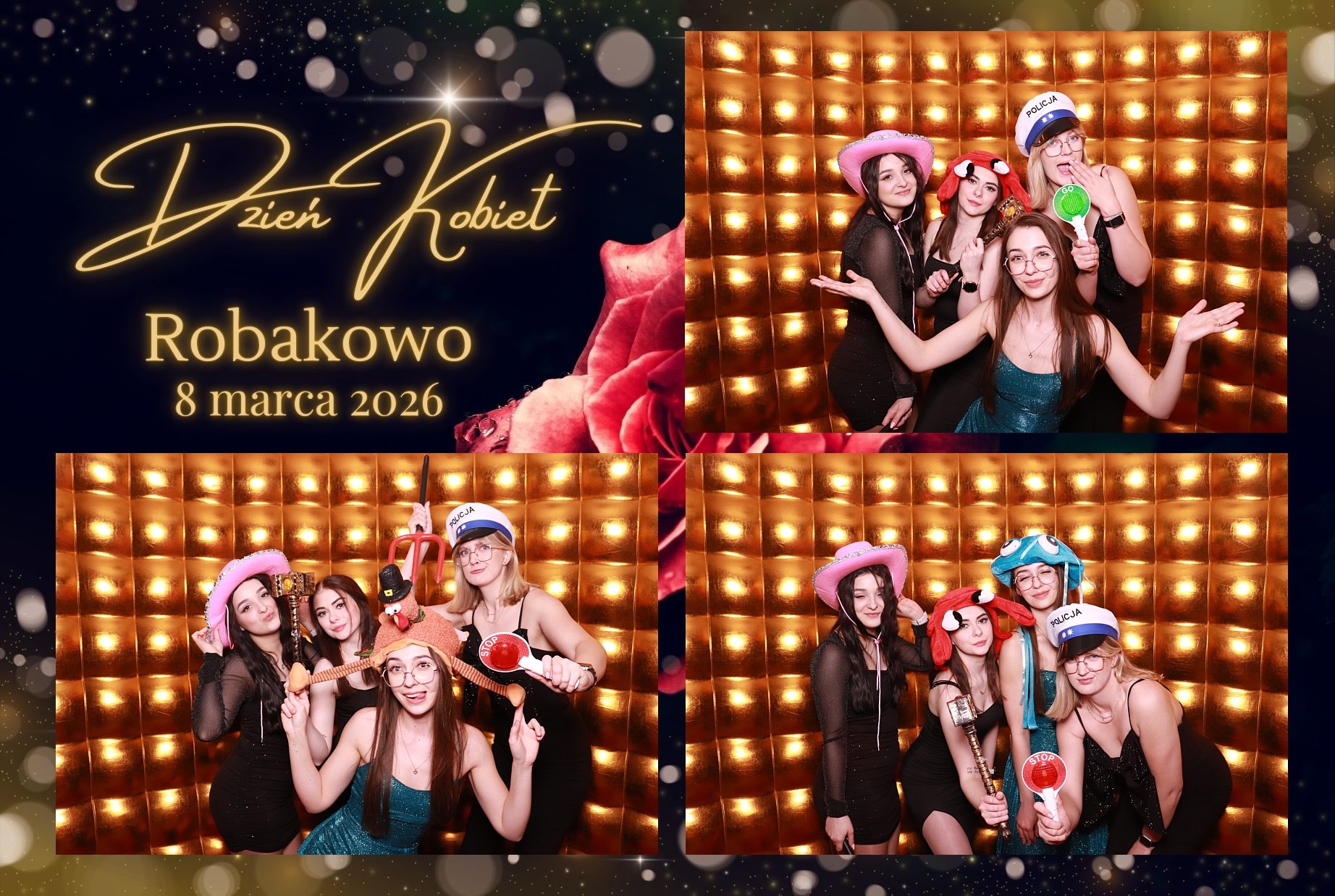 Dwie mozaiki zdjęć z fotobudki z okazji Dnia Kobiet w Robakowie, 8 marca 2026. Grupa kobiet w przebraniach pozuje na złotym tle.