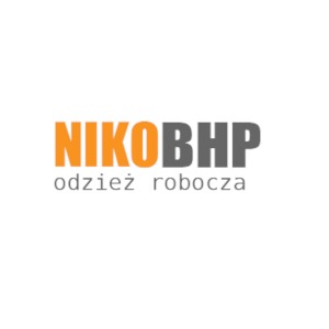 Logo firmy NIKO BHP z pomarańczowym napisem NIKO i szarym BHP, pod spodem szary napis odzież robocza.