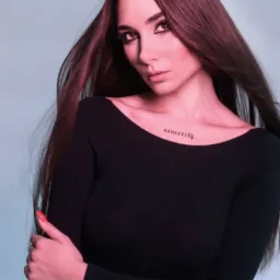 Portret kobiety z ciemnymi włosami, wyrazistym makijażem oczu i napisem 'sincerity' na dekolcie, pozującej na jasnoniebieskim tle.