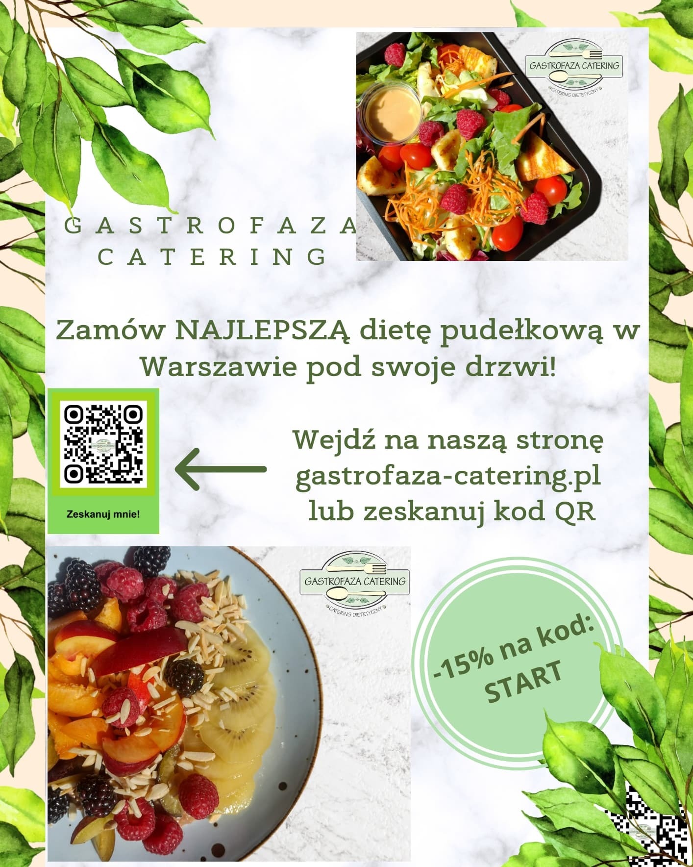 Grafika reklamowa diety pudełkowej z widocznymi daniami: sałatka z halloumi i owocami oraz deser owocowy z migdałami, z logotypem firmy i kodem QR do zeskanowania.
