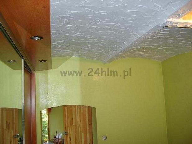 Żółto-zielona ściana z lustrem i drewnianą szafą wnękową, sufit z fakturą imitującą fale, widoczny fragment lampy. Na ścianie widoczny adres strony internetowej.