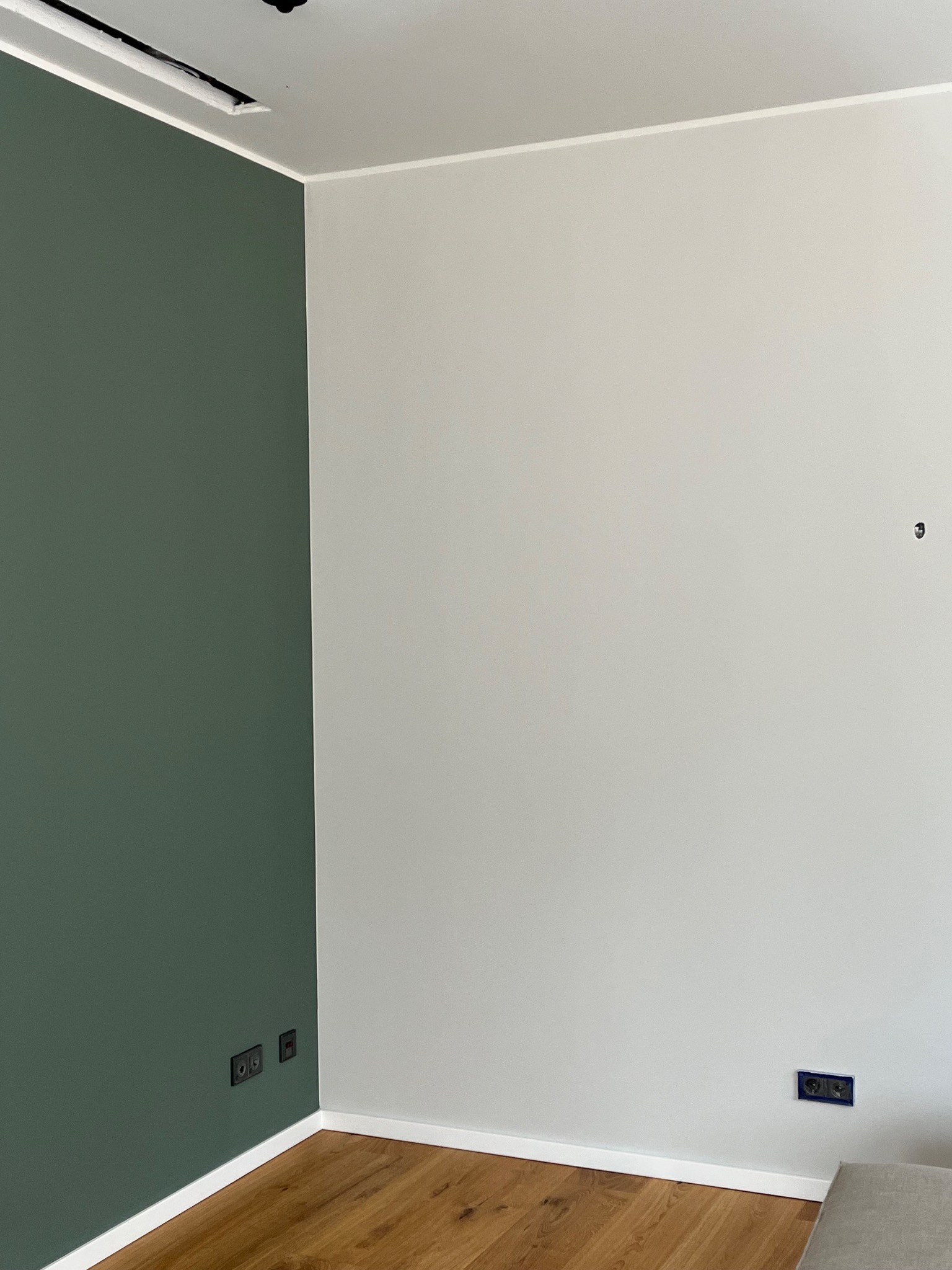 Dwukolorowe wnętrze: ściana w odcieniu butelkowej zieleni sąsiaduje z białą. Podłoga z paneli drewnianych, minimalistyczne gniazdka i listwy przypodłogowe.