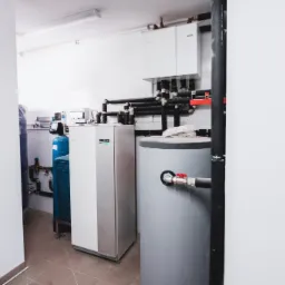 Instalacja kotłowni z szarą, cylindryczną obudową zbiornika, białym modułem grzewczym i niebieskim filtrem wody w tle, widoczna zza rogu białej ściany.