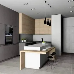 Wizualizacja nowoczesnej kuchni z wyspą, szare fronty szafek i drewniane akcenty, minimalistyczne oświetlenie wiszące, szare płytki podłogowe.