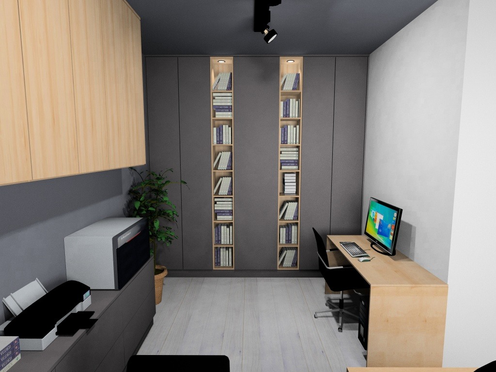 Wizualizacja biura z wbudowanymi regałami na książki, biurkiem z komputerem i szafkami wiszącymi z jasnego drewna.