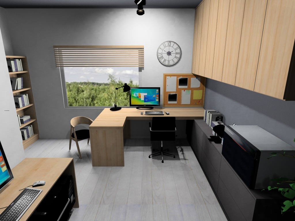 Wizualizacja biura z jasnym drewnianym biurkiem w kształcie litery L, czarnym krzesłem obrotowym, komputerem, tablicą korkową i zegarem na ścianie, oświetlonego lampką biurkową i światłem dziennym...
