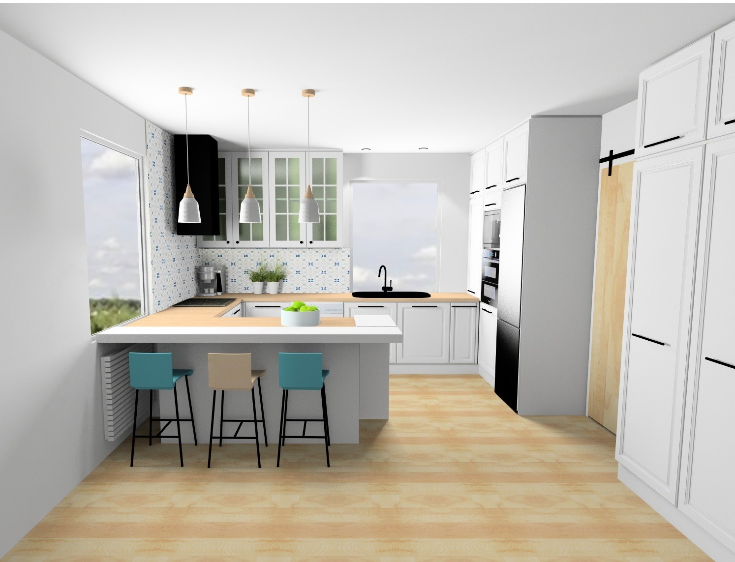 Wizualizacja nowoczesnej kuchni z białymi szafkami, drewnianym blatem i wyspą z trzema stołkami w odcieniach turkusu i beżu, oświetlona trzema wiszącymi lampami z drewnianymi akcentami i wzorzystą...