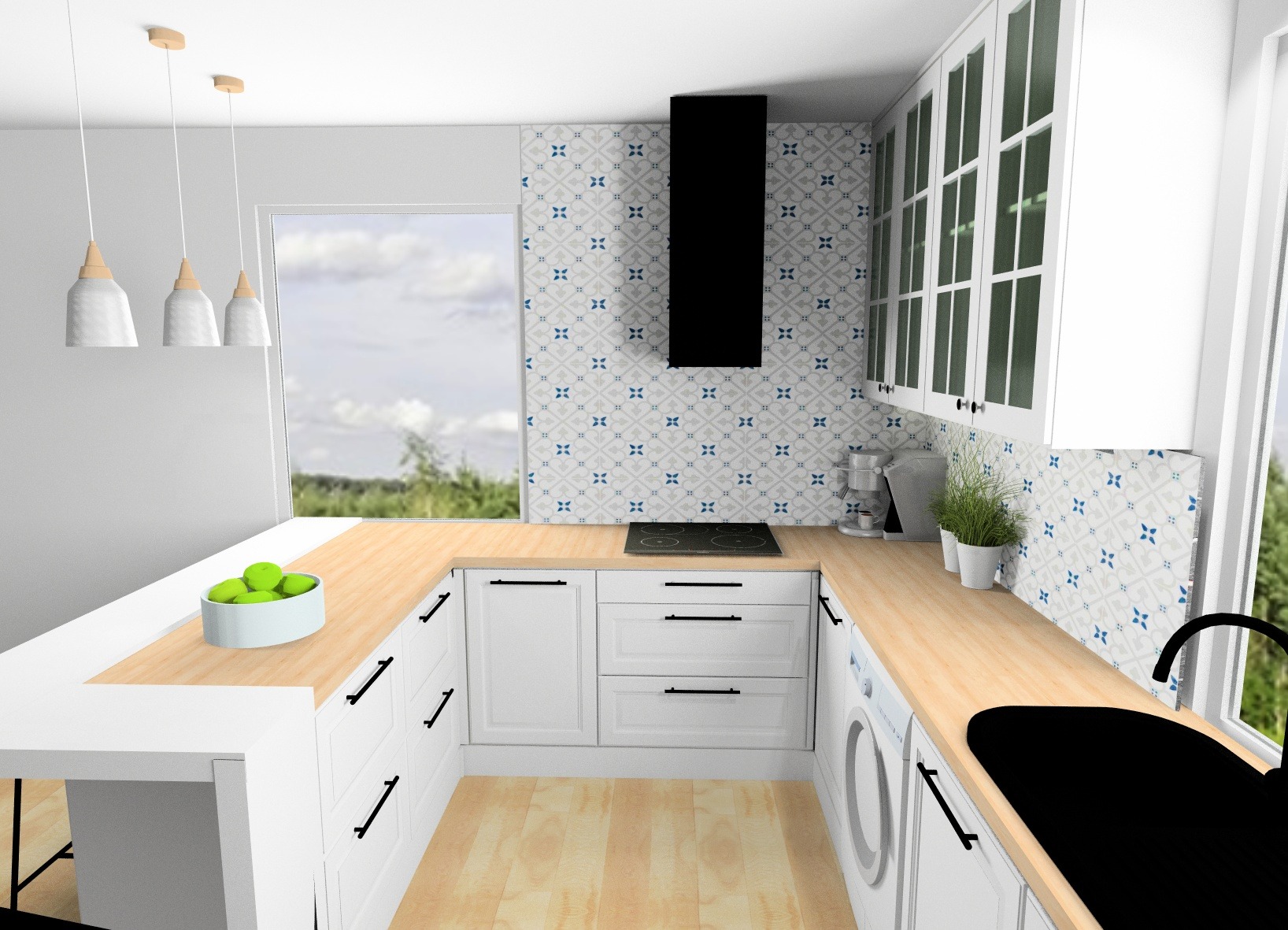 Wizualizacja kuchni w stylu skandynawskim z białymi frontami, drewnianym blatem, czarną armaturą i wzorzystą ścianą nad blatem, z widokiem na zieleń za oknem.