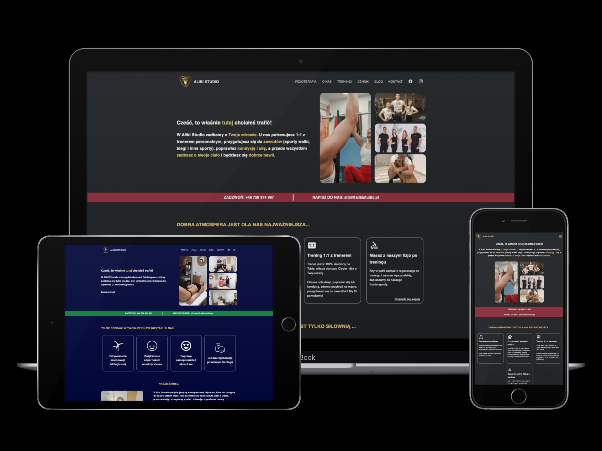 Ekrany laptopa, tabletu i smartfona wyświetlają stronę internetową studia treningu personalnego i fizjoterapii Alibi Studio, prezentującą ofertę treningów personalnych, fizjoterapii i masaży.