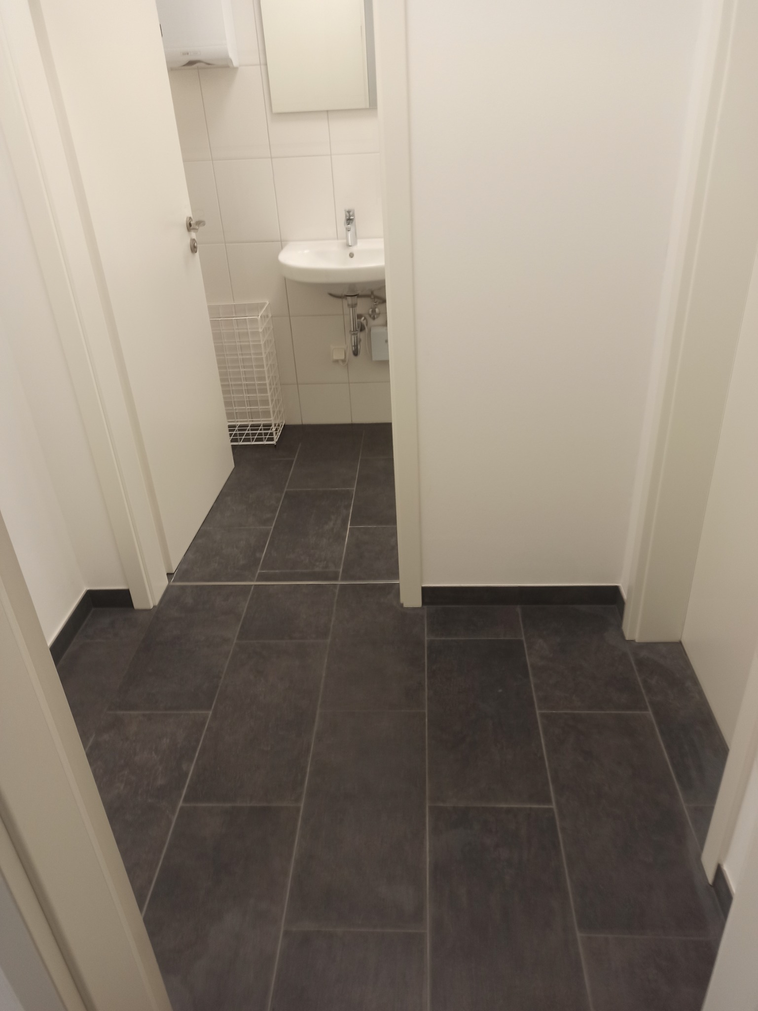 Nowoczesna łazienka z ciemnymi płytkami podłogowymi, białą umywalką i grzejnikiem. Widok z korytarza.