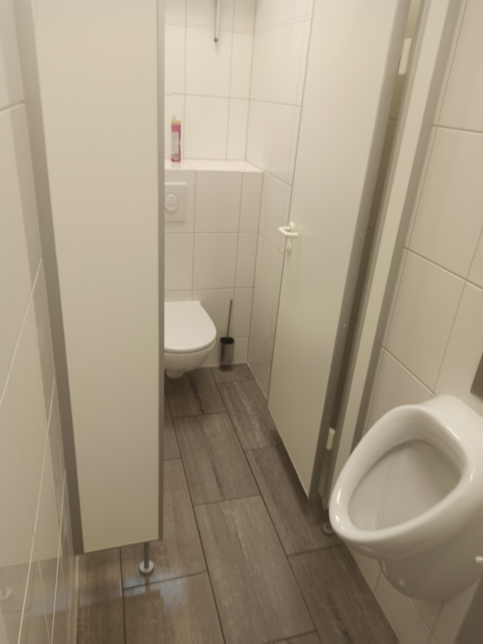 Publiczna toaleta z kabinami, widok na muszlę klozetową i pisuar, płytki imitujące drewno na podłodze.