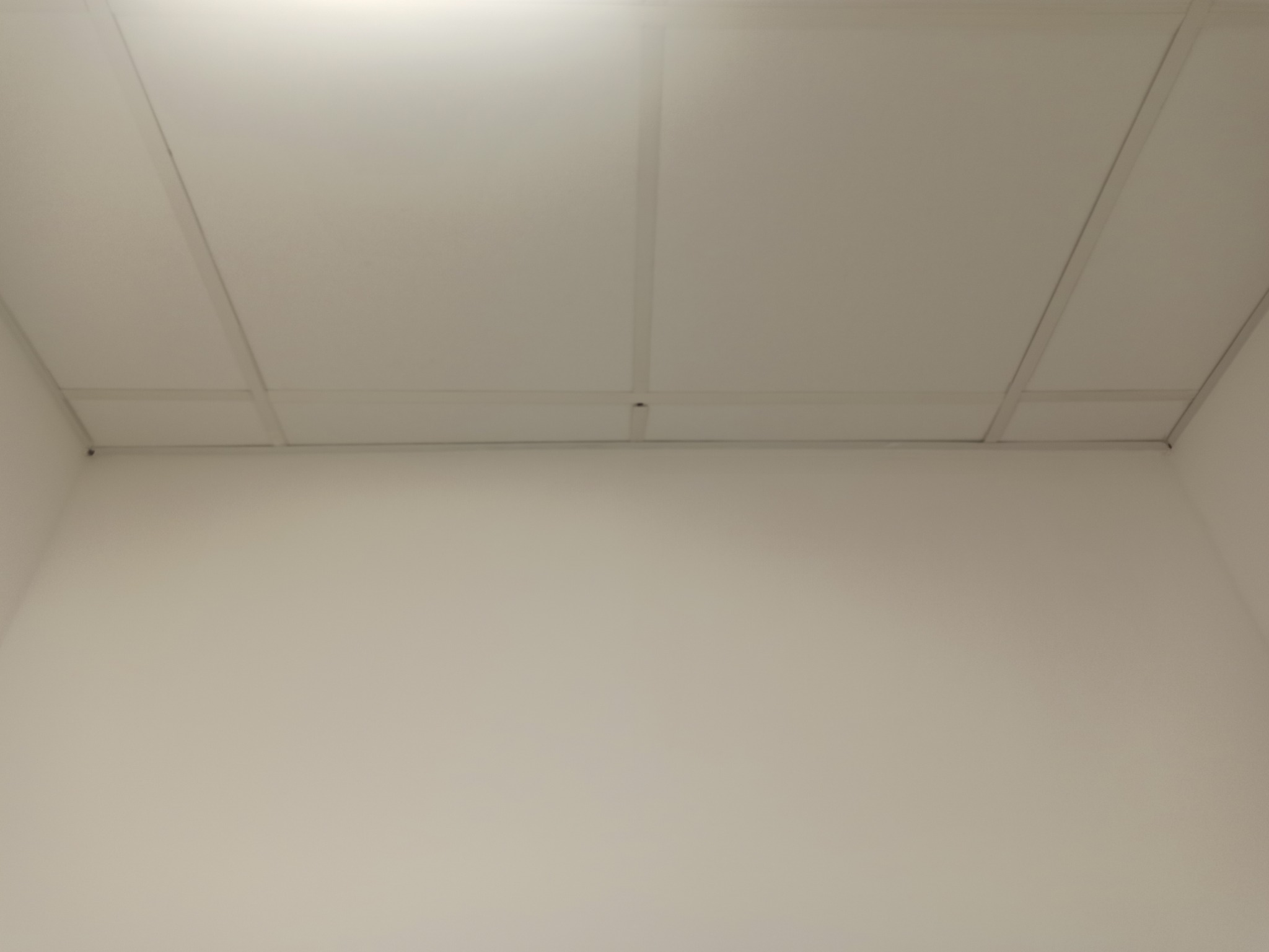 Widok z dołu na biały sufit kasetonowy z widocznymi elementami konstrukcyjnymi i fragmentem białej ściany.