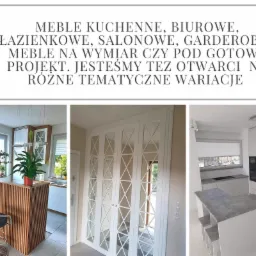 Kolaż przedstawiający aranżacje wnętrz: drewniany barek z hokerem i roślinami doniczkowymi, biała szafa z lustrzanymi wstawkami oraz nowoczesna kuchnia z wyspą i szarym blatem.