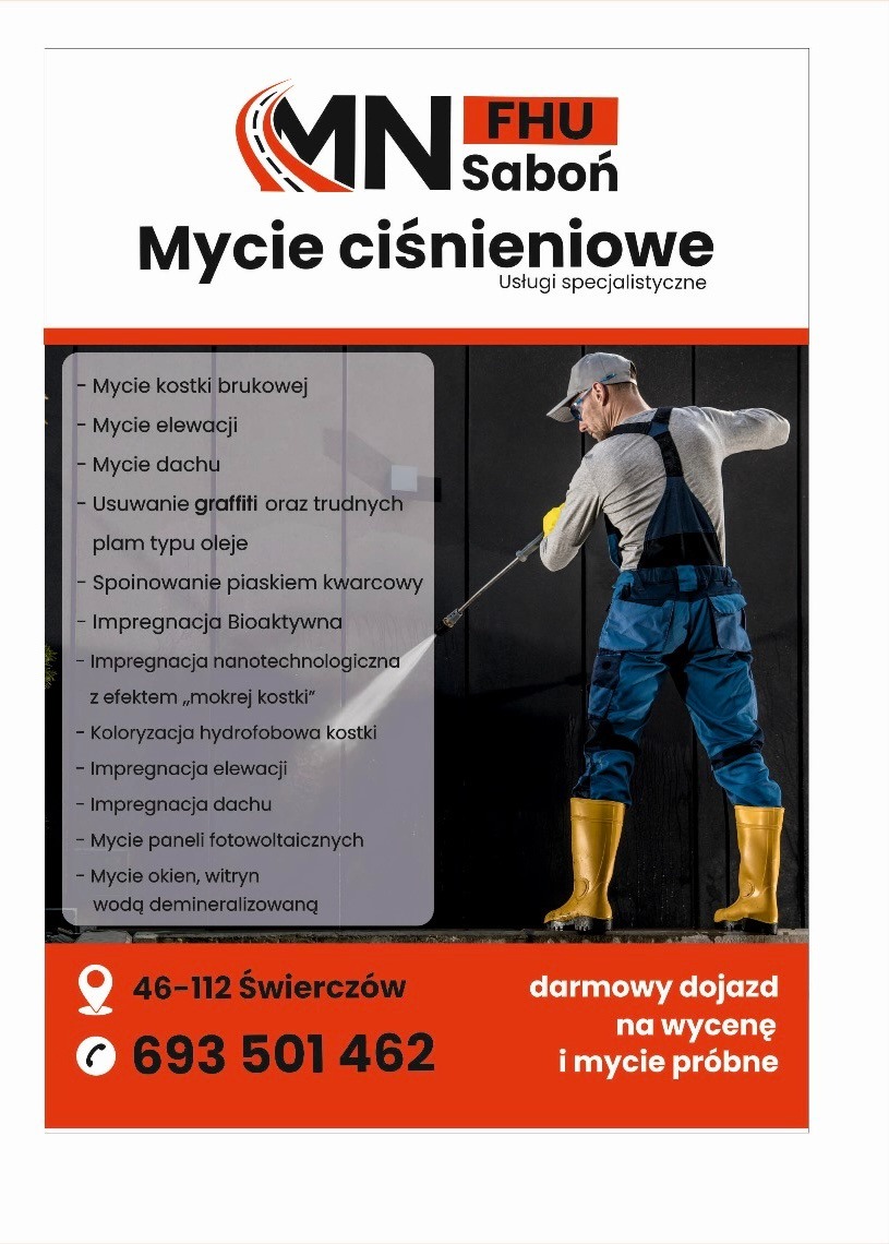Mężczyzna w stroju roboczym czyści elewację myjką ciśnieniową. Reklama usług mycia ciśnieniowego, impregnacji i usuwania graffiti. Darmowy dojazd na wycenę i mycie próbne.