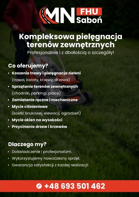 Baner reklamowy firmy oferującej kompleksową pielęgnację terenów zewnętrznych, w tym koszenie trawy, mycie ciśnieniowe i przycinanie drzew.